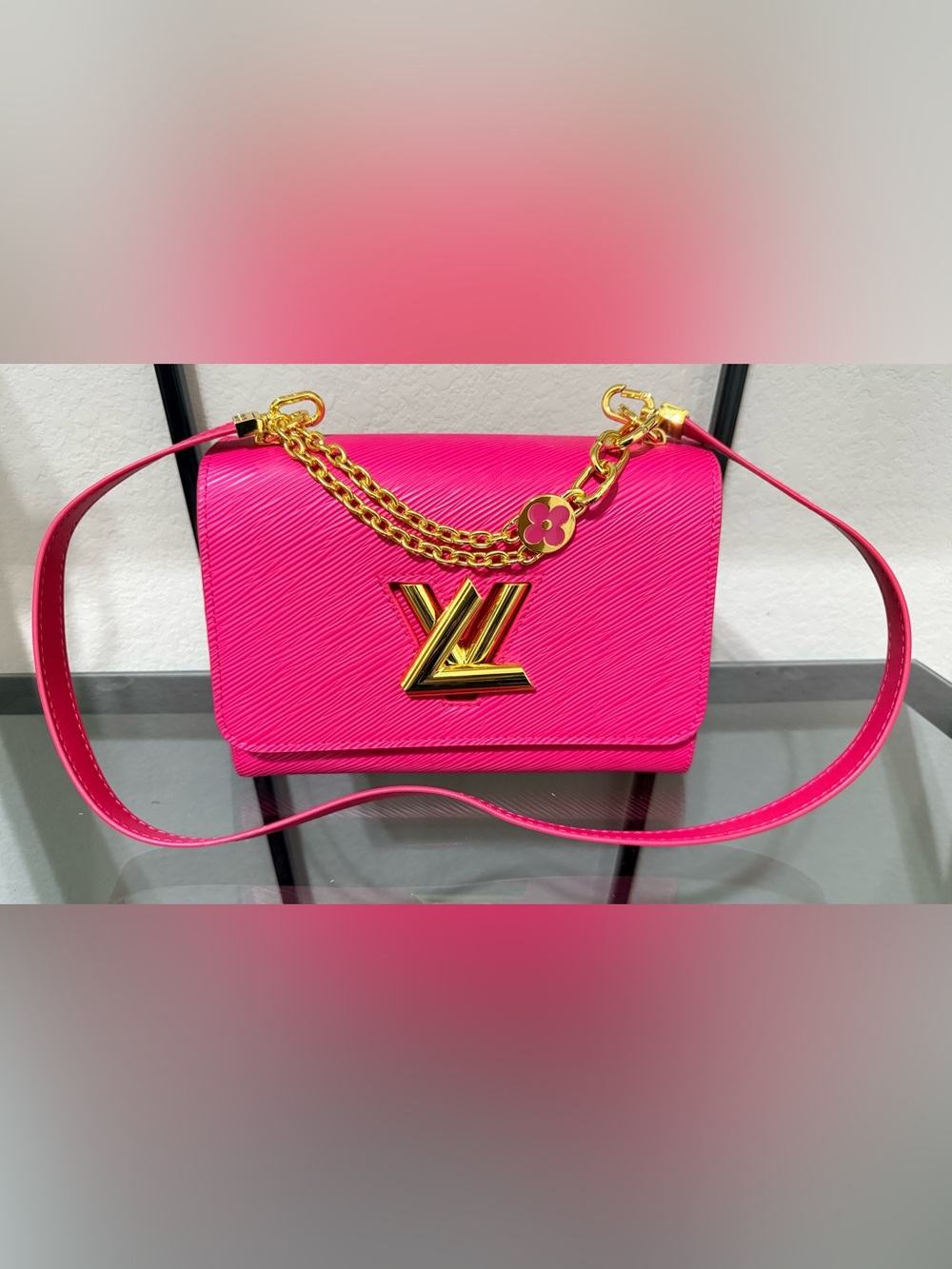 Hot Pink PU Epi Leather Chain Crossbody Bag